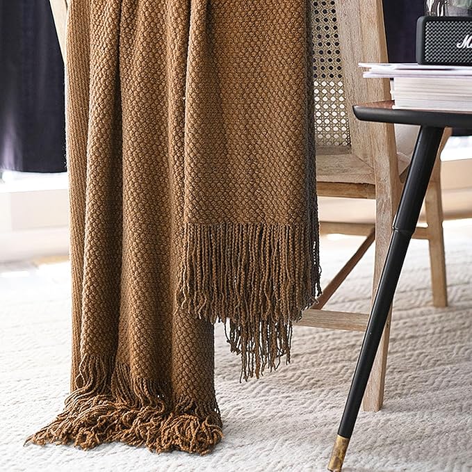 LOMAO Knitted Throw Blanket with Tassels Bubble Textured Lightweight Throws for Couch Cover Home Decor (Khaki, 60x90)