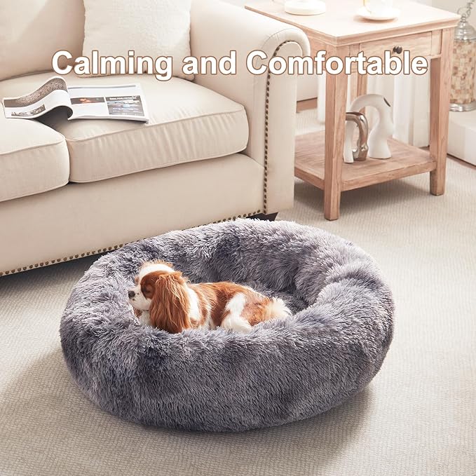 30 in Faux Fur Fluffy Donut Dog Bed for Medium Dogs,Tie-dye Grey | Calming Plush Round Pet Bed with Removable & Washable Cover,Fits up to 45 lbs Pets