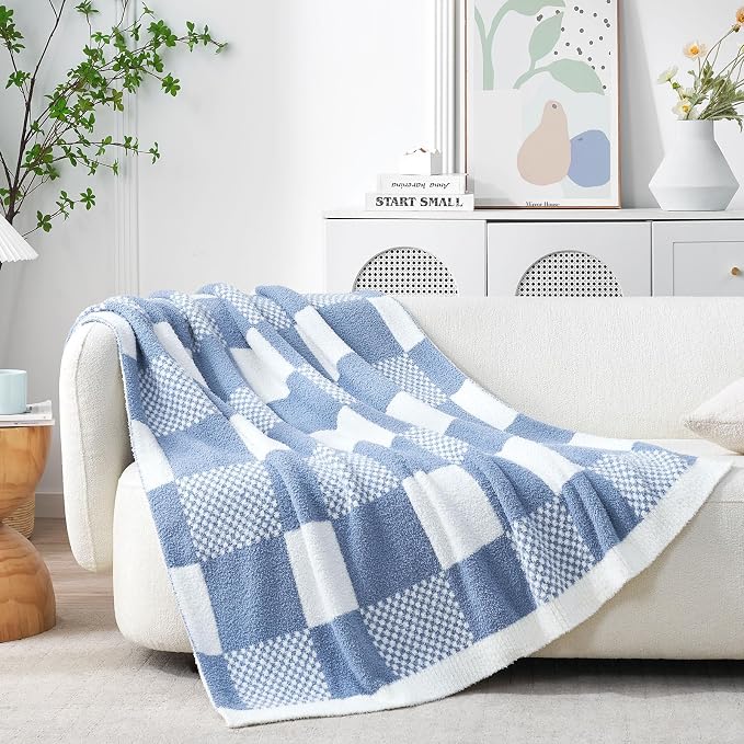 Snuggle Sac Checkered Blanket, Blue Throw Blanket for Couch Checker Microfiber Fluffy Warm Fuzzy Cozy Soft Throw Blanket Reversible Checkered Blankets for Sofa, Chair, Bed, 60x80 inches