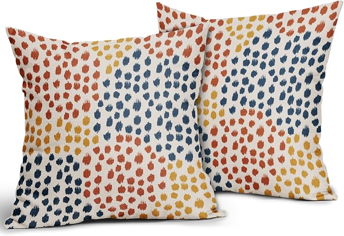 Blue Orange Yellow Pillow Covers 16x16 Set of 2 Fall Colored Art Dot Decorative Throw Pillows Trendy Print Outdoor Pillowcase Holiday Seasonal Cushion Cover Linen Pillow Case Decor for Sofa Couch Bed