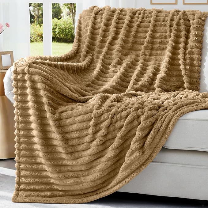 decorUhome Brown Fleece Twin Blanket 60x80 Inches | Soft Couch Cozy Fluffy Plush Flannel Striped Blanket for Sofa Bed, Lightweight Decorative Ribbed Fuzzy Blanket for Woman