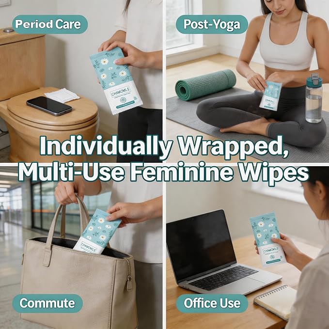 Travel Feminine Hygiene Wipes, Individually Wrapped Wipes, 100 Pack | Chamomile pH-Balanced Feminine Wipes, Individually Wrapped Portable Large Hygiene Wipes for Friends & Homeless Care