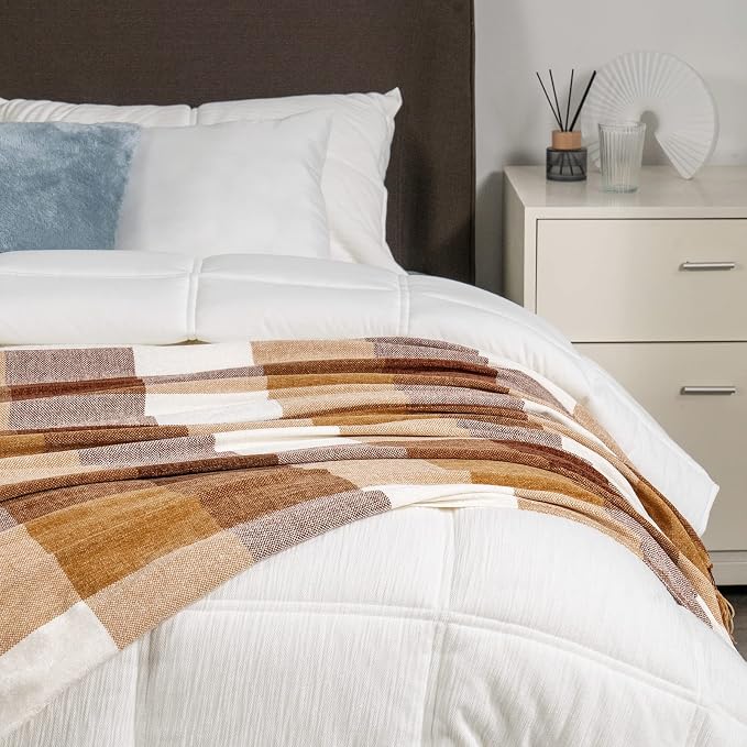 RECYCO Buffalo Plaid Chenille Throw Blanket, 50"x60", Brown Off White | Super Soft Knit Throw Blanket with Tassels, Lightweight, Cozy, Farmhouse Decor, Ideal for Couch Sofa Chair Bed Living Room