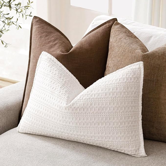 Foindtower Set of 2 Decorative Cotton Waffle Weave Lumbar Throw Pillow Covers Euro Shams Cushion Covers Accent European Pillowcase for Bed Couch Bedroom Living Room Home Decor 12×20 Inch Cream White