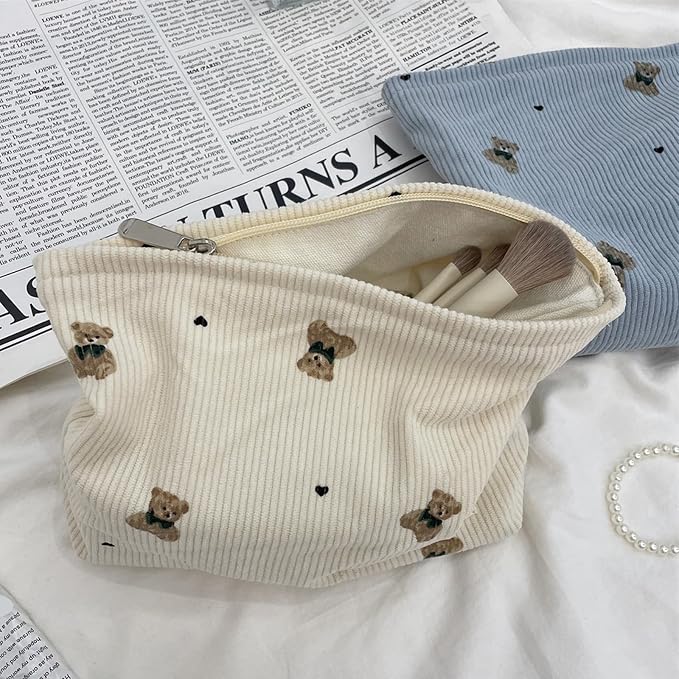 Cute Small Soft Corduroy Zipper Makeup Bag for Purse, Coquette Aesthetic Pouch with Bear Pattern for Women Girls, Kawaii Travel Cosmetic Bags（03Beige）