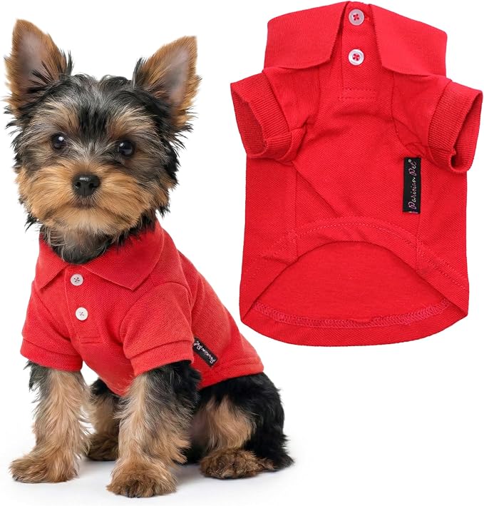 Parisian Pet Dog Polo Shirt – Classic Red Cotton Pet Apparel with Collar & Buttons, Soft Breathable Puppy T-Shirt, Cute Dog Clothes - Ideal Summer Clothes for Small Dogs - Shirts for Dogs Boy Girl