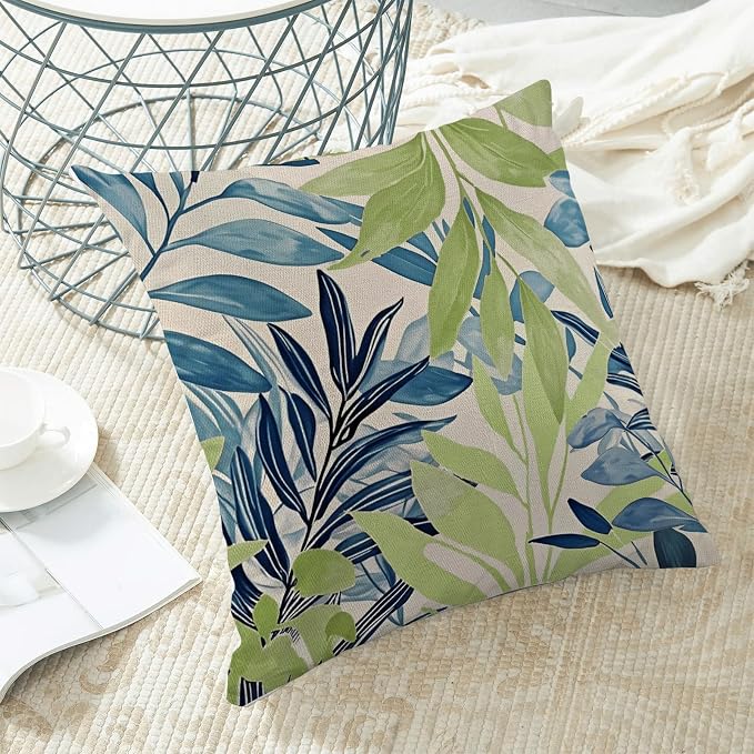 Summer Pillow Covers 18x18 Inches Set of 2 Sage Green Blue Leaves Throw Pillow Covers Outdoor Modern Spring Summer Leaf Decoration Pillowcase Farmhouse Decorative Cushion Cover for Sofa Couch