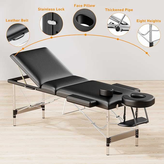 Brelley Massage Table Portable Professional 3 Sections Reclining Massage Couch, Aluminum Adjustable Esthetician Bed Tattoo Table SPA Lash Salon Bed with Carrying Bag (Black)