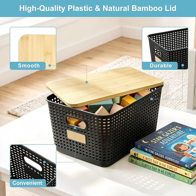 2 Pack Tall Plastic Storage Bins with Bamboo Lids, 10.8qt Stackable Storages Baskets for Organizing Desktop Closet Playroom Classroom Office, 12"L x 8.3"W x 6.1"H, Black
