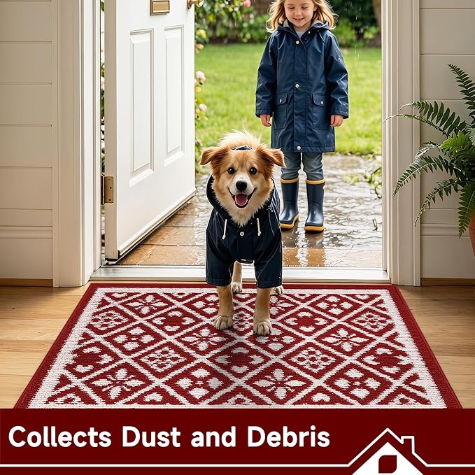 Ileading Christmas Entrance Door Mat, Absorbent Dog Mats for Muddy Paws, Low-Profile Small Red Xmas Decor Kitchen Runner Rug with Non-Slip Backing, Machine Washable Entryway Welcome Mat(Red 24"X36")