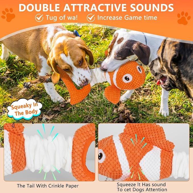 Squeaky Clownfish Dog Toy, Plush Crinkle Tug Toy with Handle
