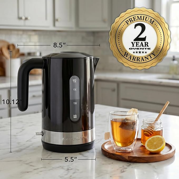 OVENTE 1.8L Electric Kettle, 1500W Fast Boiling Heater for Coffee or Tea, BPA Free, Easy to Fill Lid, Water Level Window, Auto Shut-Off, Boil-Dry Protection and Removable Filter, Black KP413B