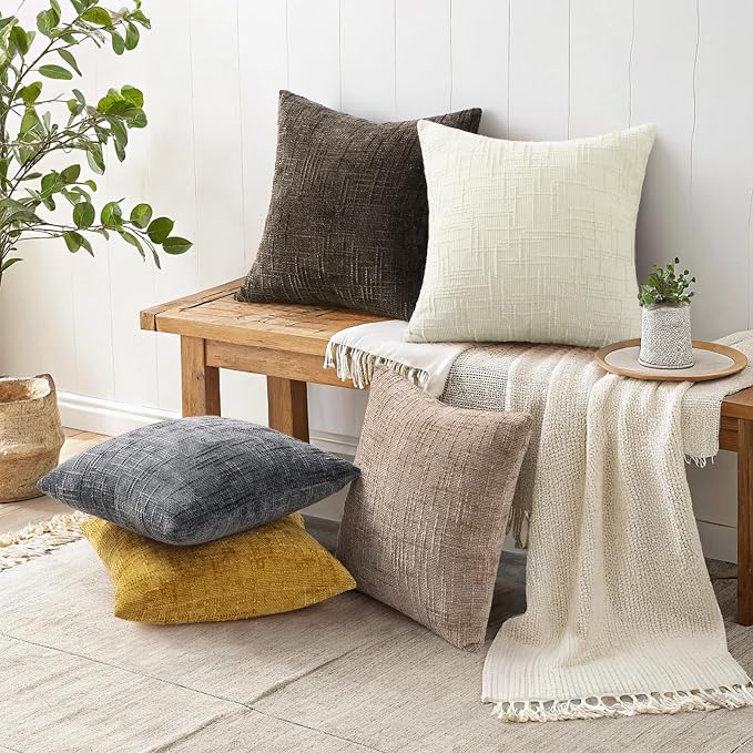 decorUhome Textured Chenille Throw Pillow Covers 22x22 Set of 2 Dark Grey | Fall Modern Farmhouse Soft Cozy Slubby Couch Pillow Cases Boho Decorative Pillow Cases for Bed Sofa Living Room Home Decor