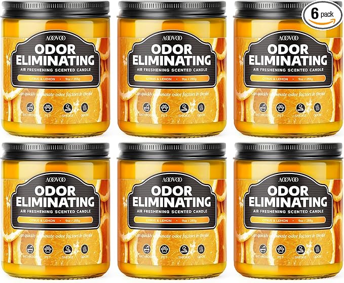 AOOVOO 6 Pack Citrus Lemon Odor Eliminating Highly Fragranced Candle - Eliminates 95% of Pet, Smoke, Food, and Other Smells Quickly, Air Freshing Soy Candle
