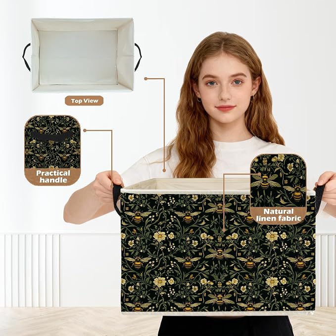 Moody Floral Bumblebee Storage Box Bins, Dark Cottagecore Honey Bee Botanical Collapsible Storage Basket Organizer for Bedroom Bathroom Home Clothes Books, Decor for Room