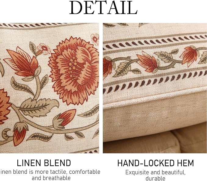 Designer French Linen Throw Pillow Cover,Set of 2,20"x12"-Albano C | Elegant Rectangle Pillow Cover,Concealed Zipper Design,Floral Pattern,Sofas,Bedroom,Living Room,Lounge Chairs,Decor