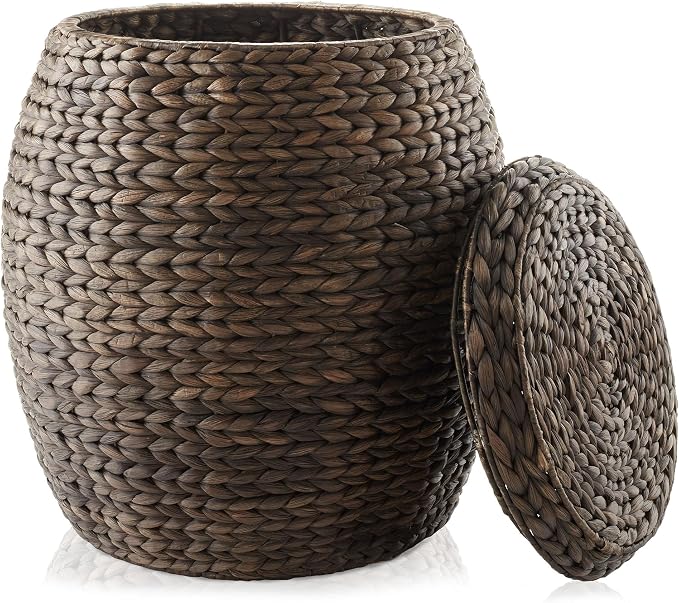 Casafield Round Storage Basket with Lid - Espresso Dark Brown, Handwoven Hyacinth Organizer for Laundry, Blanket, Plants, Bedroom, Living Room, Office