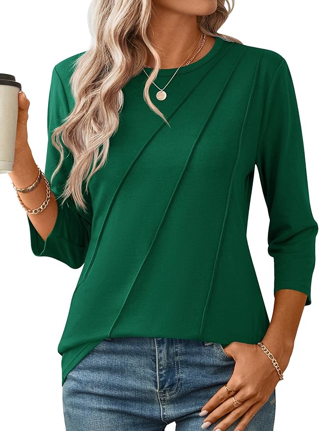 LOMON 3/4 Length Sleeve Womens Tops Spring Summer Fashion 2026 Tops Crew Neck Pleated Shirts Tunic Top Loose Fit