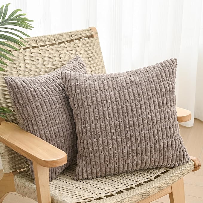 Volcanics Pack of 2 Corduroy Mocha Brown Throw Pillow Covers 18x18 | Decorative Soft Striped Square Cushion Cases, Modern Farmhouse Boho Home Decor