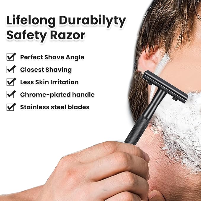 KEROPY Eco-Friendly Safety Razor With 10 Premium Stainless Steel Blade Safety Razors For Men Shaving Razor, Smooth Wet Shave Experience, Gun Black