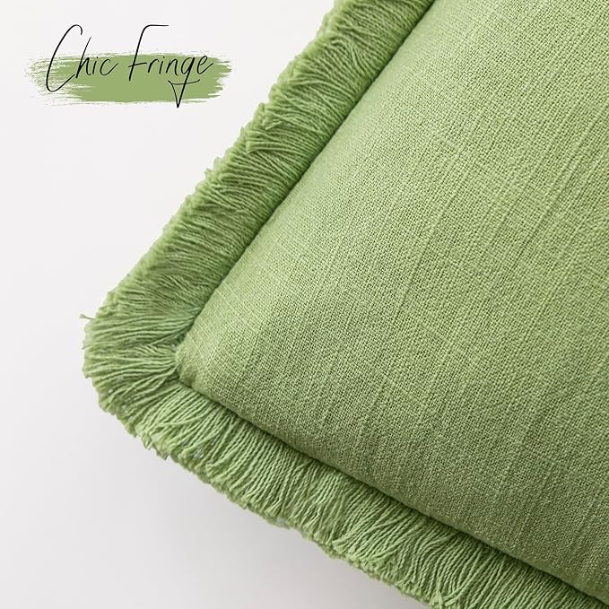 Foindtower Set of 2 Decorative Linen Fringe Throw Pillow Covers Cozy Boho Farmhouse Cushion Cover with Tassels Soft Accent Pillowcase for Couch Sofa Bed Living Room Home Decor,20×20 Inch,Lime Green