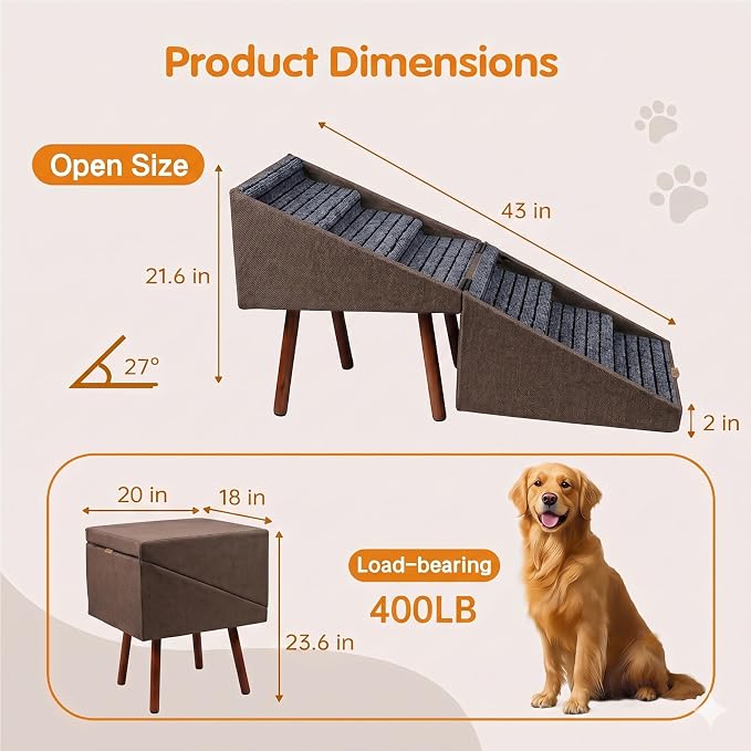 XXL 2-in-1 Ottoman Dog Stairs for Large Dogs,21.6 Inch Foldable | 6 Step Pet stairs for Bed and Couch,Safe Dog Stairs for Small Dogs,Joint Relief,Easily Fold Flat for Compact Storage