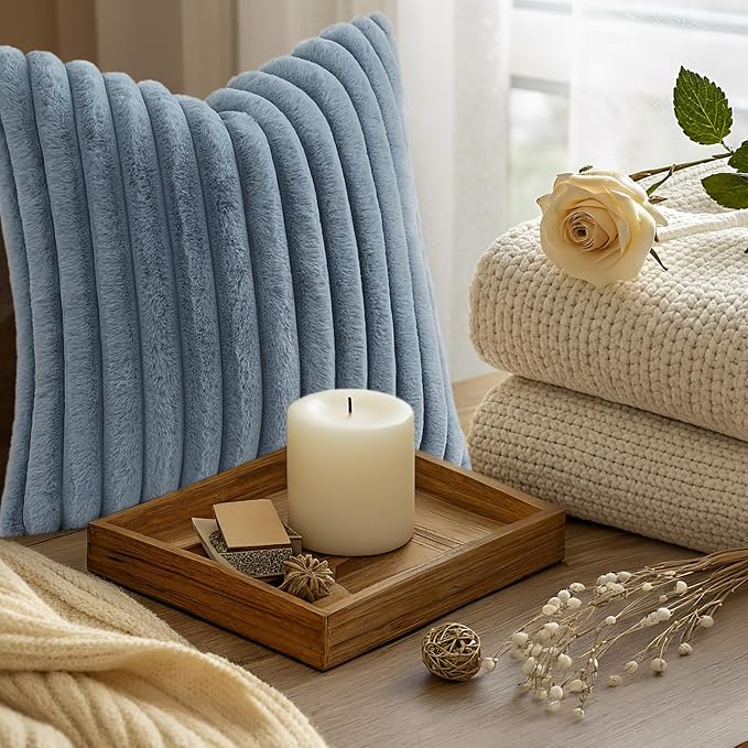 decorUhome Fall Faux Fur Throw Pillow Covers 12x20 Set of 2 Grey Blue | Decorative Soft Cozy Striped Plush Modern Farmhouse Boho Couch Pillow Cases Velvet Back for Sofa Bed Living Room Home Decor