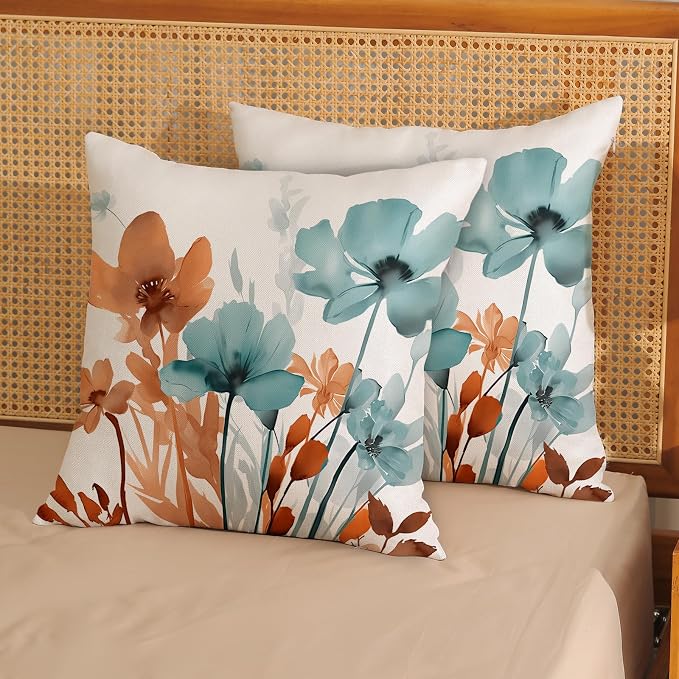 Floral Pillow Covers 18x18 Inches Set of 2 Fall Orange Teal Floral Throw Pillow Cover Outdoor Summer Flower Decoration Pillowcase Farmhouse Decorative Square Cushion Cover Decor for Home Sofa