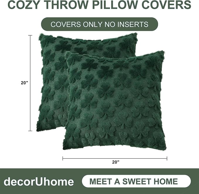 decorUhome Faux Fur Throw Shamrock Green Pillow Covers 20X20 Set of 2 | Plush Soft Wool St. Patrick’s Day Throw Pillow Covers, Accent Modern Farmhouse Pillow Covers Holiday Decor for Sofa Bed
