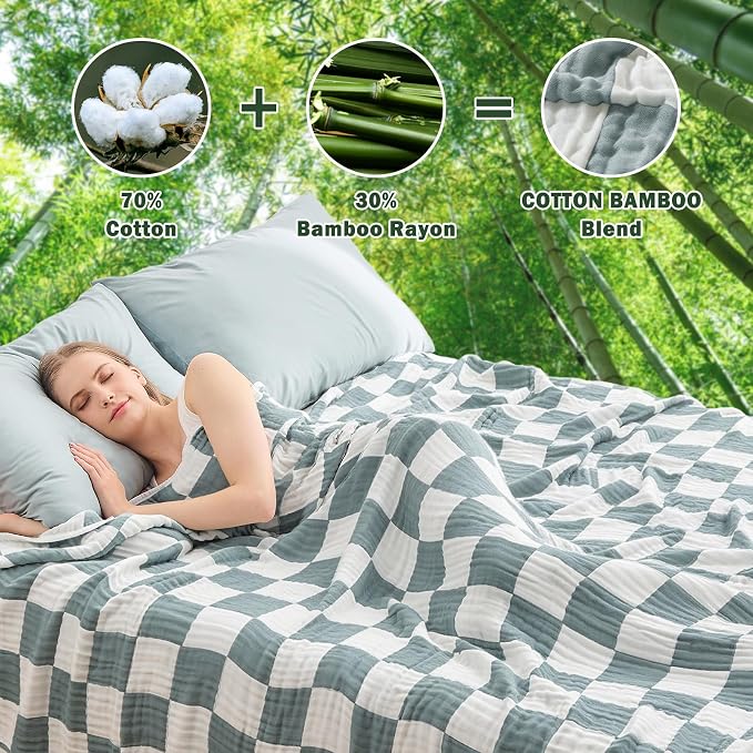 EMME Cooling Muslin Twin Blanket - Checkered Lightweight Summer Cotton Blankets of Rayon Derived from Bamboo for Hot Sleepers, Ultra Soft Breathable All Season Gauze