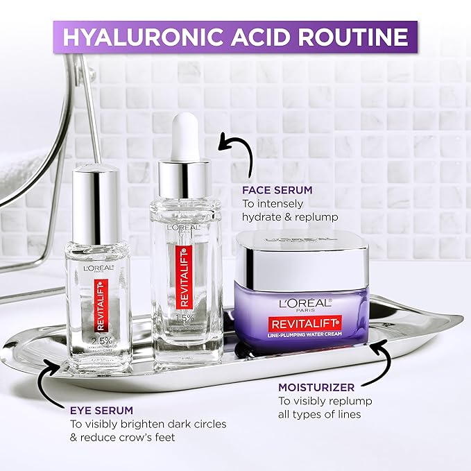 L'Oreal Paris Revitalift Hyaluronic Acid + Caffeine Hydrating Eye Serum for Dark Circles, Fragrance Free .67 fl. oz + Moisturizer Sample