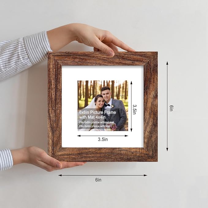 Hongkee 6x6 Picture Frame Set of 4, Made of Glass and Rustic Brown Wooden Frame - Display Picture 4x4 with Mat or 6 x 6 Without Mat, 6x6 Photo for Wall or Tabletop