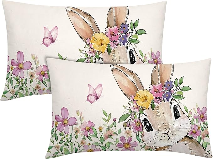 Spring Easter Bunny Lumbar Pillow Covers 12x20 Inch Set of 2 Pink Floral Leaf Rabbit Decorative Pillow Cases Outdoor Linen Square Cushion Cover Farmhouse Decor for Bedroom Home Sofa Couch Bed