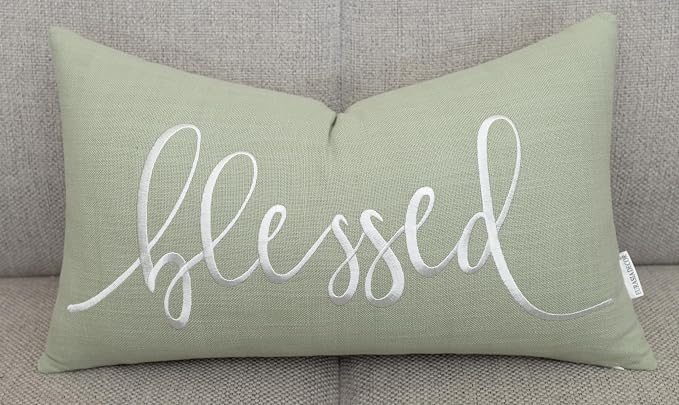 EURASIA DECOR Blessed Embroidered Lumbar Pillow Cover 12x20, Light Green | Raised ivory script on light green; scripture faith gift, cotton, hidden zip, solid back, cover only
