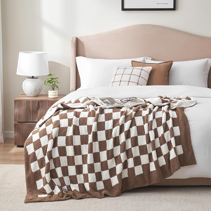 Snuggle Sac Checkered Throw Blanket for Couch, Super Soft, Cozy Warm Knit Blankets, Reversible Plaid Fluffy Throws for Sofa, Bed, Checkered Brown, 50x60 Inches