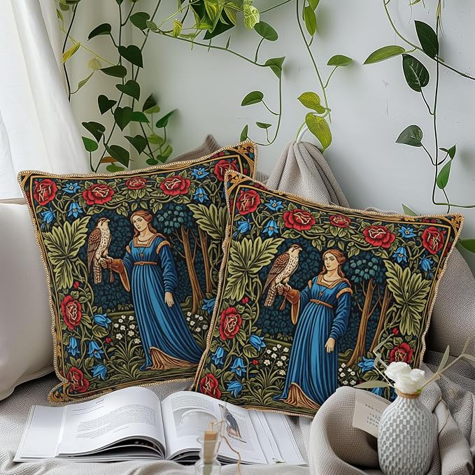 Vintage Floral Leaves Velvet Pillow Covers 18x18 Inch Tapestry Art Red Blue Flowers Bird Throw Pillows For Couch Cushion Covers Pillowcase European French Country Pillow Cases for Sofa Bed Bedroom