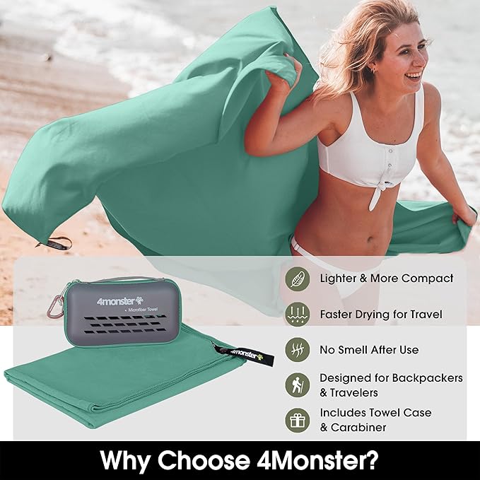 4Monster Quick Dry Travel Towel with Case & Carabiner – Super Absorbent Microfiber Gym & Camping Towel. Compact, Lightweight, Fast Drying for Beach, Swimming, Hiking, Backpacking