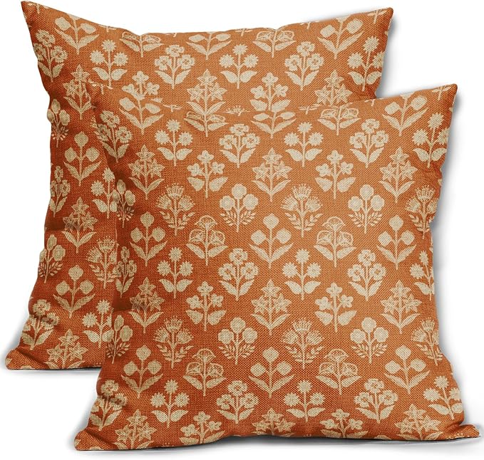 Burnt Orange Floral Pillow Covers 24x24 Inch Set of 2, Vintage Flower Block Print Pattern Decorative Throw Pillowcases Outdoor Farmhouse Cushion Covers Spring Summer Rustic Sofa Couch Bed Decor