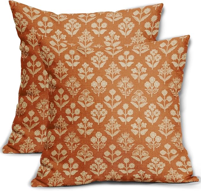Burnt Orange Floral Pillow Covers 22x22 Inch Set of 2, Vintage Flower Block Pattern Decorative Throw Pillowcases Outdoor Farmhouse Cushion Covers Spring Summer Rustic Sofa Couch Bed Decor