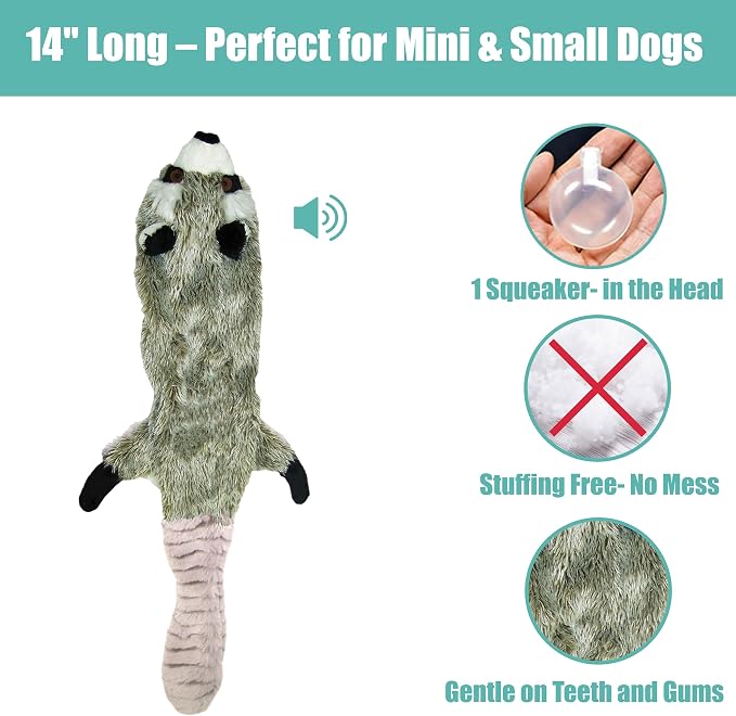 SPOT Skinneeez Raccoon 14 Inch Stuffing-Free Plush Dog Toy – Soft, Mess-Free Toy with One Squeaker for Small & Medium Dogs, Best for Light to Moderate Chewers (Pack of 2)