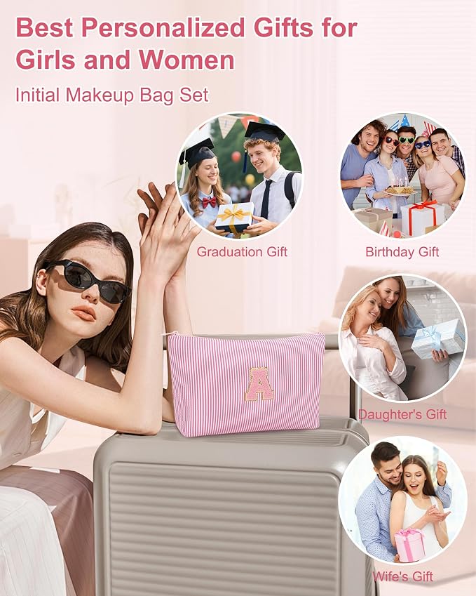 MONSTINA Personalized Initial Makeup Bag for Women,Monogram Make Up Case for Girlfriend Bridesmaid Wife,Birthday Gift for Her Cute Toiletry Bag,3PCS,Pink I