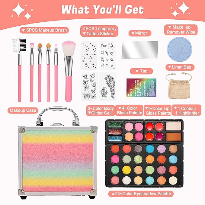 Anpro All-in-One Makeup Kit for Girls 10-12 with Case, Pro Teen Makeup Set, Tween Makeup Kit, Full Starter Make Up Kit with Brushes, Eyeshadow Palette, Blushes, Glitter Gel, Temporary Tattoo Stickers