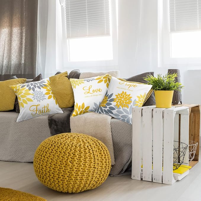 Tatuo 4 Pcs Flower Pillow Covers Square 18 x 18 Inch Yellow Silver Series | Pillow Cushion Cases for Sofa Bed, Family Faith Hope Love Words, Decorative Flower Pattern, Living Room Home Decor