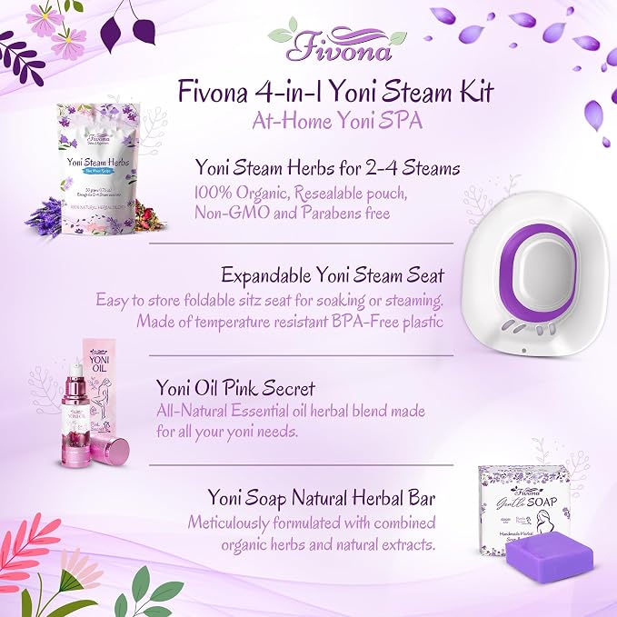 Fivona Yoni Care Kit 4 in 1 - pH Balanced Natural Yoni Oil, Herbal Bar Soap for Feminine V Wash, Detox V Stream Herbs Sunrise, Foldable Sitz Bath Steam Pot