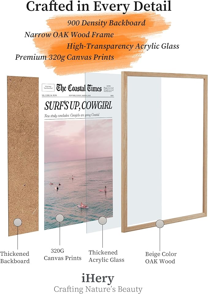 iHery 8x10in Surf’s Up Cowgirl Framed Newspaper Wall Art | Natural OAK Wood Frame with Canvas Print, Coastal Cowgirl Decor for Bedroom, Dorm, Living Room and Bar Cart, 1Pack