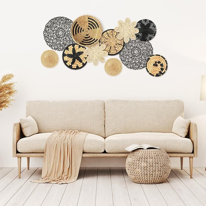 Tatuo 11 Pcs Boho Wall Basket Decor Bulrush Woven Wall Hanging Art Round Farmhouse Rustic Handmade Wicker for Summer Home, Bedroom, Living Room, Kitchen Decorations, Multi Sizes(Fresh)