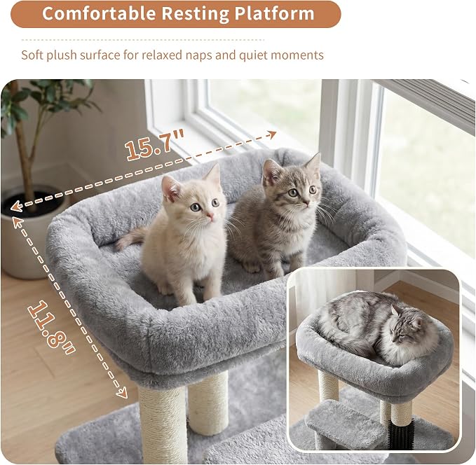 Heybly Cat Scratching Post with Grooming Brush & Gentle Step, HSP001SW | Small Cat Tree with 4 Full Sisal Posts, Removable Plush Bed, Stable & Space-Saving Cat Furniture for Indoor Cats, Light Gray