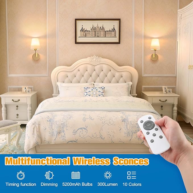 13.8 inch Battery Operated Wall Sconce Set of 2,Gold Rechargeable Wall Lights with 10400mAh Dimmable Detachable Bulbs and Remote,9 Colors Wireless Sconces for Bedroom Living Room Hallway