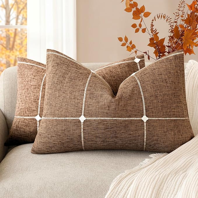 Foindtower Pack of 2 Decorative Faux Linen Jacquard Check Throw Pillow Covers Farmhouse Lumbar Cushion Cover with Grid Textured Pillowcase for Couch Sofa Living Room Home Decor,12×20 Inch,Orange Brown