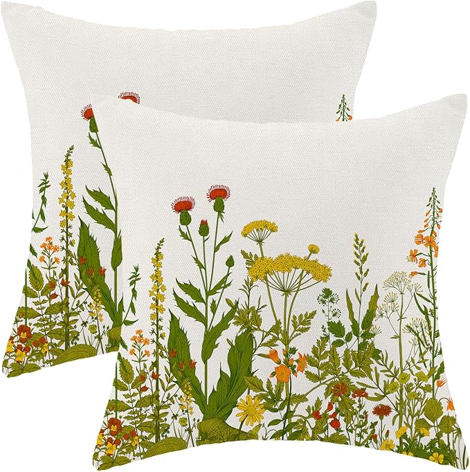 AEIOAE Yellow and Green Pillow Covers 20x20 Inch Set of 2, Spring Wildflower Plant Throw Pillows Case,Seasonal Floral Outdoor Decorative Flowers Farmhouse Decor Cushion Covers for Home Sofa Bed Couch
